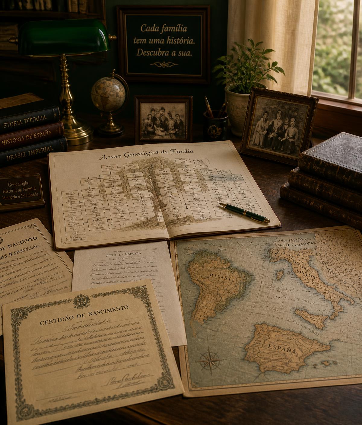 Mesa de trabalho de genealogista com árvore genealógica, certidões e mapas antigos