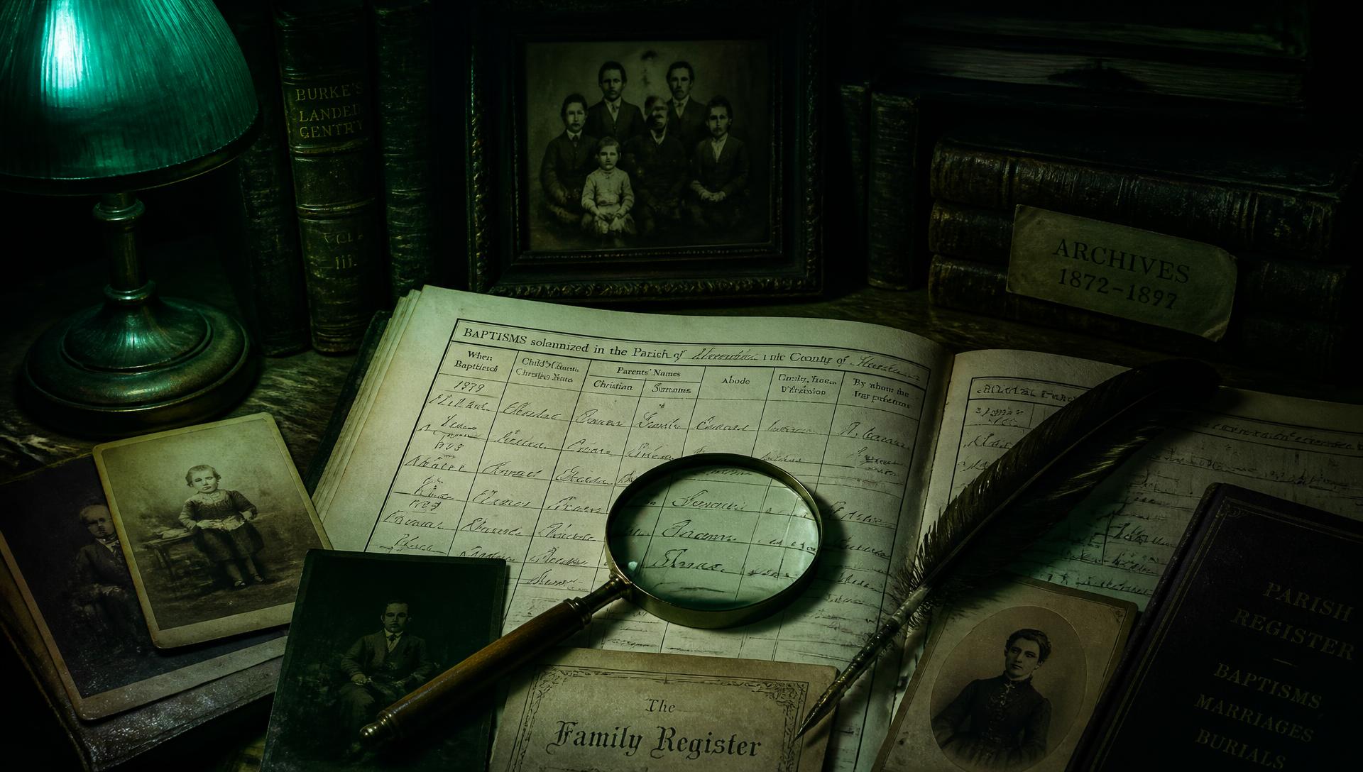 Registros paroquiais antigos, retratos de família e lupa sobre mesa de arquivo